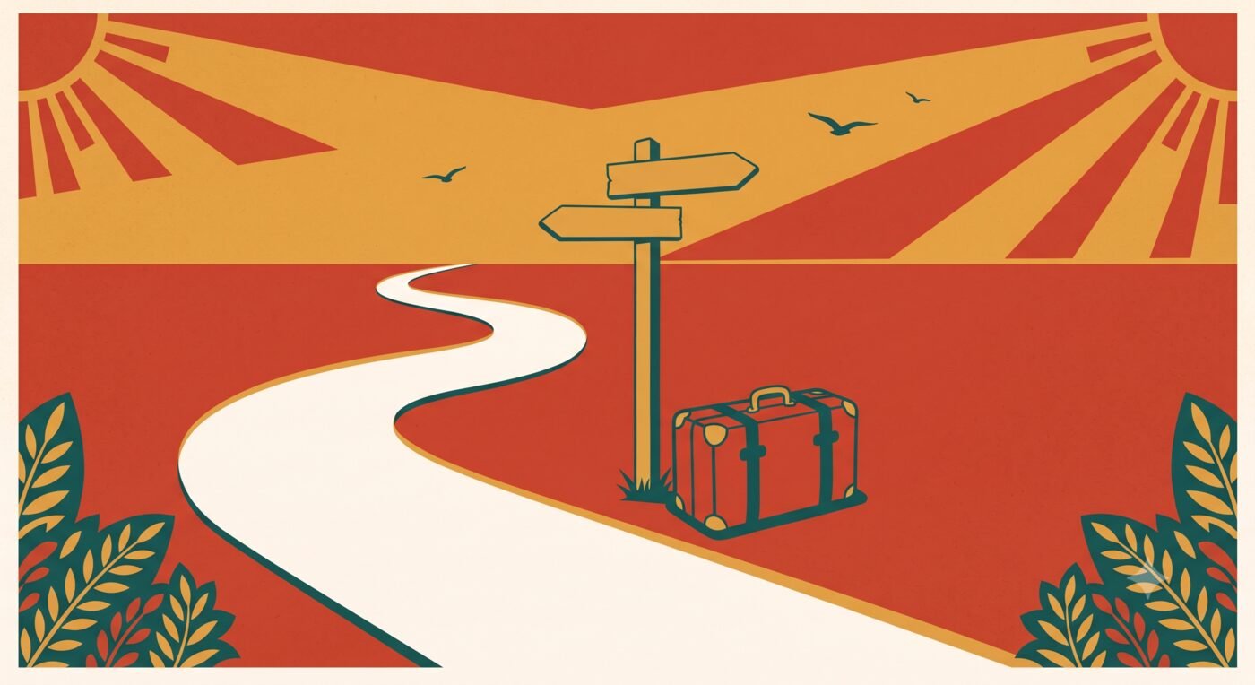 Illustrated vintage-poster style artwork of a winding road toward a signpost and suitcase at sunset, hinting at destinations to come