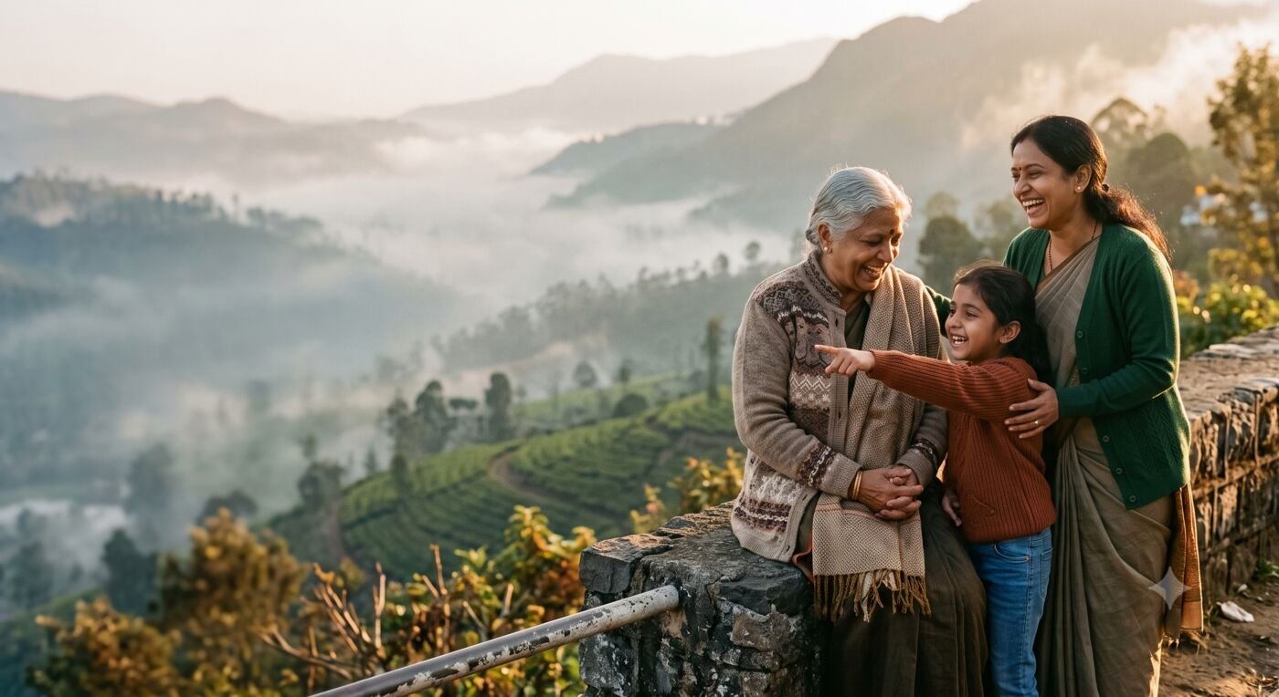 A grandmother, mother, and granddaughter laughing together at a misty hill-station viewpoint overlooking tea gardens