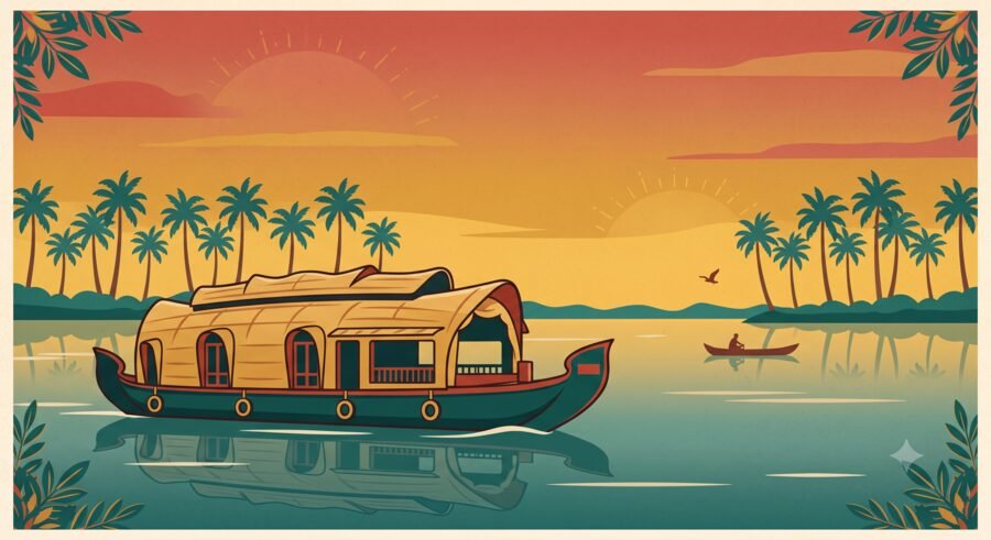 Illustrated vintage-poster style artwork of a traditional Kerala houseboat on calm backwaters at sunset