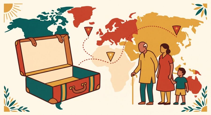 Illustrated vintage-poster style artwork of an open suitcase and a travel map with a family planning routes together