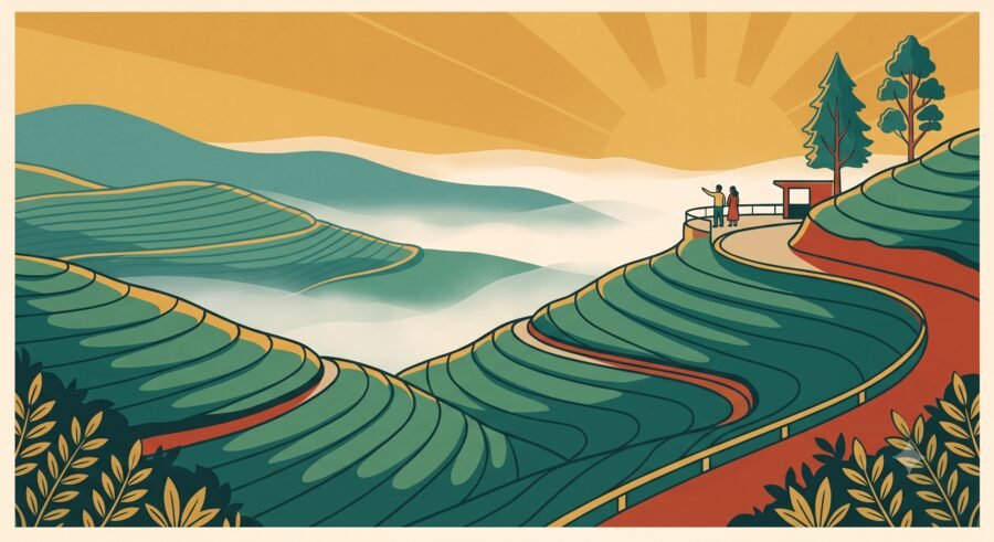 Illustrated vintage-poster style artwork of misty terraced hills and tea gardens, evoking Coorg, Ooty, Munnar or Wayanad