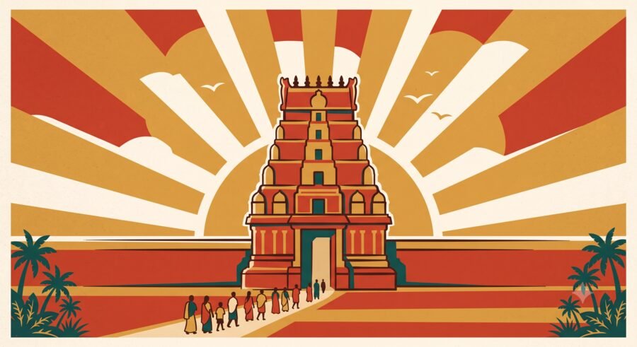 Illustrated vintage-poster style artwork of a South Indian temple gopuram at sunrise with pilgrims approaching