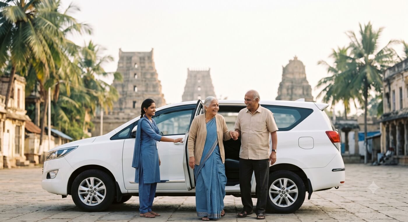 An attentive escort helping a senior couple comfortably out of the car at a temple, warm and dignified, not staged